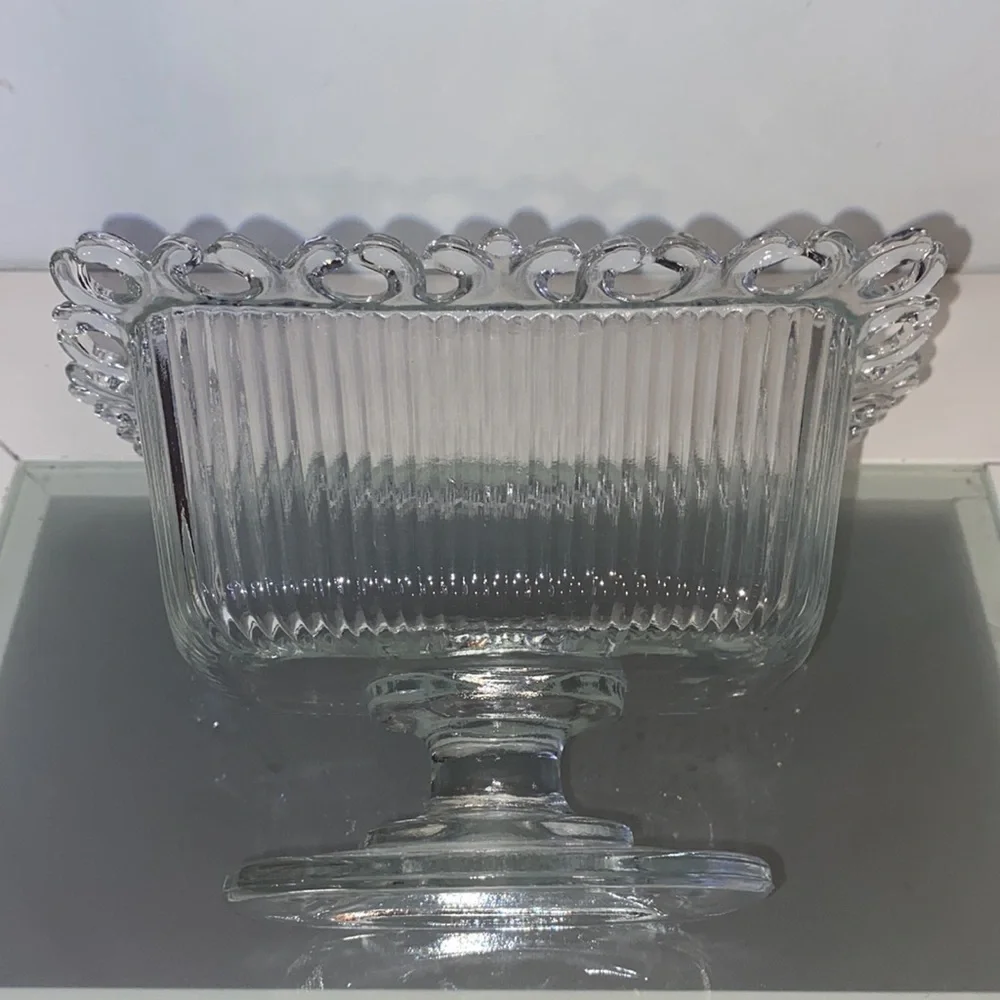 Vintage Indiana Glass Clear Lace Edge Pedestal Candy Bowl with Lid